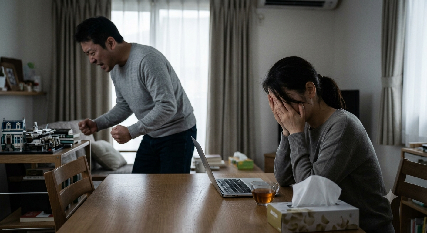 向き合って座りながらも、気持ちがすれ違ってしまう二人のイメージ