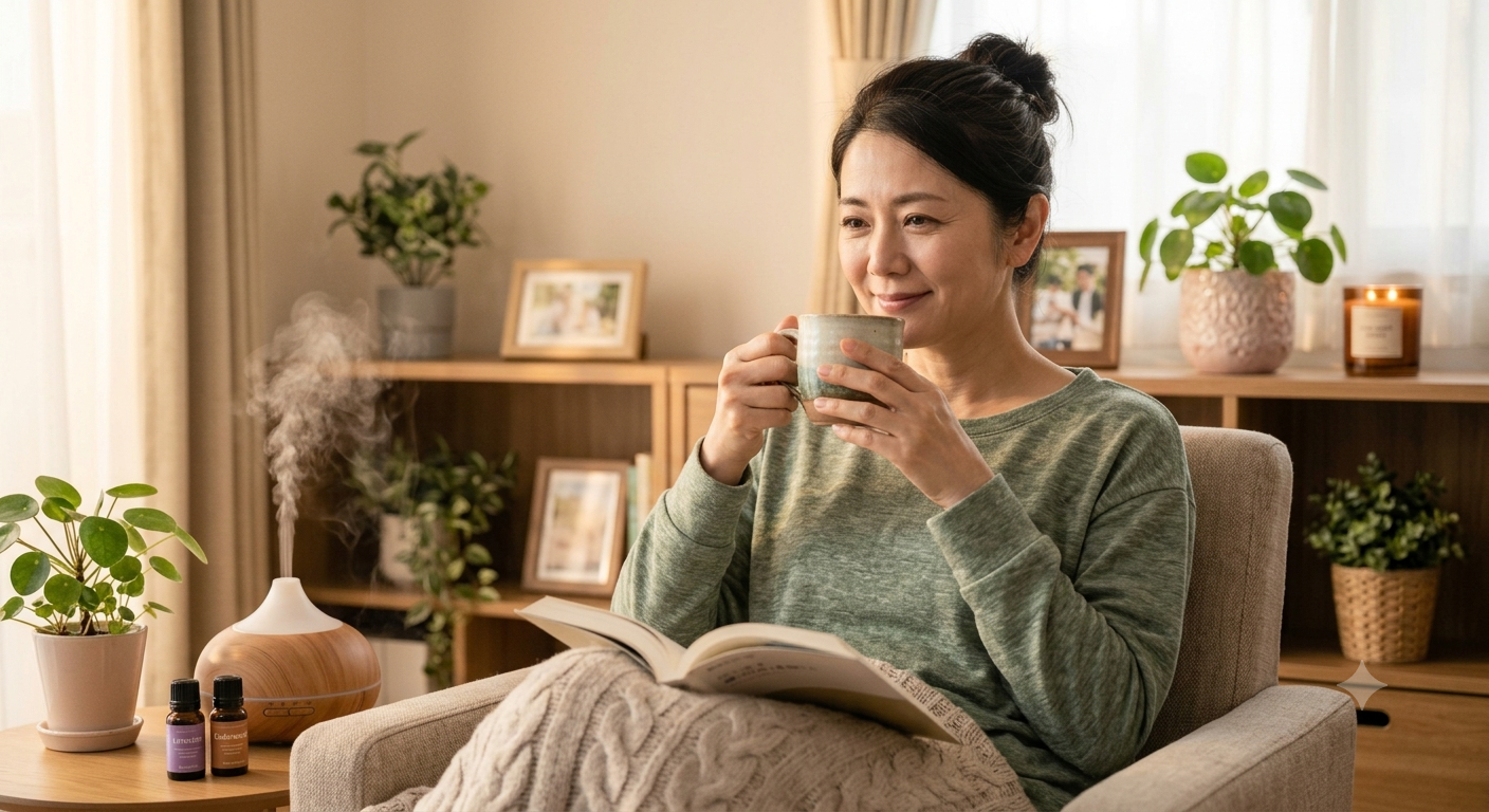 窓辺でひと息つき、自分の心と体を休ませている人のイメージ